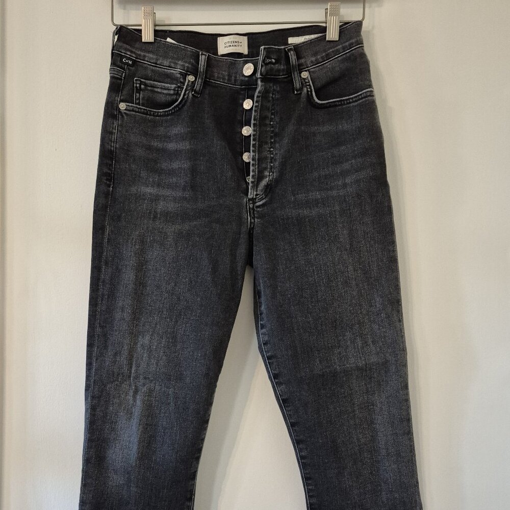 Citizens of Humanity High Slim Ankle 27 Black Button Fly Model Off-Duty Luxury